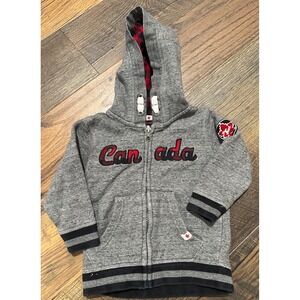 Canadiana Kids Zip Up Hoodie Grey Plaid Lined Maple Leaf Patch Size 2T